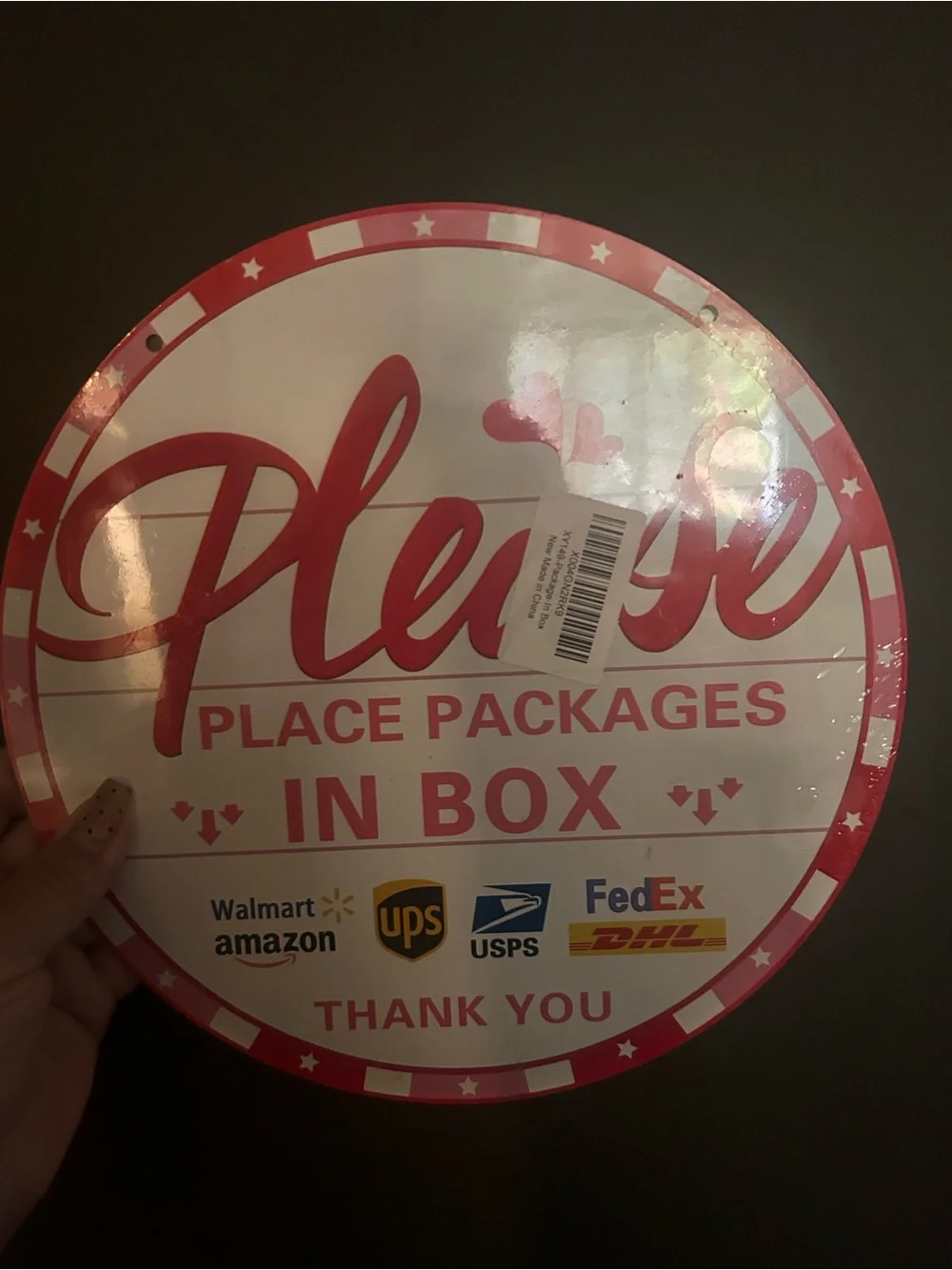 Pink 'Please Place Packages In Box' Round Sign - Delivery Notice